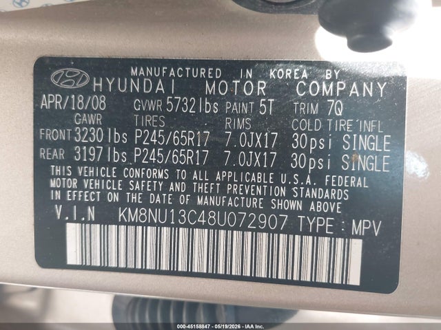 Aukcja sprzedaży 2008 Hyundai Veracruz Gls/limited/se, vin: KM8NU13C48U072907, numer aukcji: 45158847
