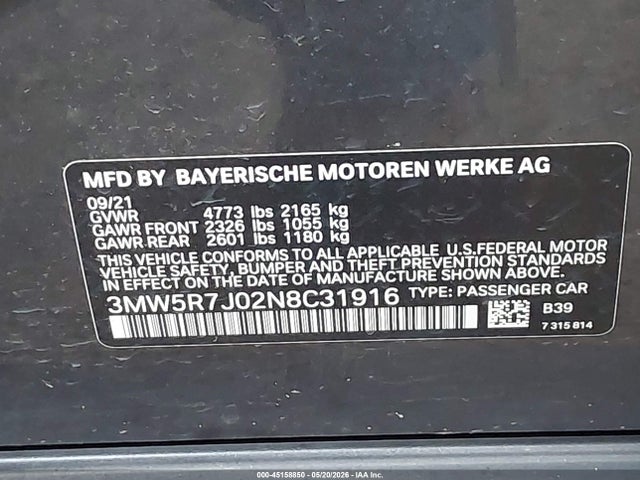 45158850 :رقم المزاد ، 3MW5R7J02N8C31916 vin ، 2022 Bmw 330i Xdrive مزاد بيع
