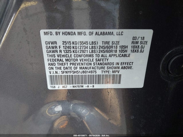 Aukcja sprzedaży 2018 Honda Pilot Ex-l, vin: 5FNYF5H51JB014975, numer aukcji: 45158871