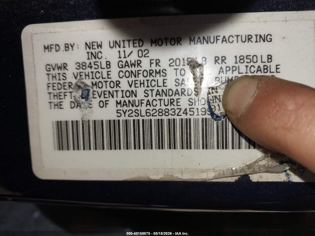 2003 Pontiac Vibe მანქანა იყიდება აუქციონზე, vin: 5Y2SL62883Z451991, აუქციონის ნომერი: 45158875