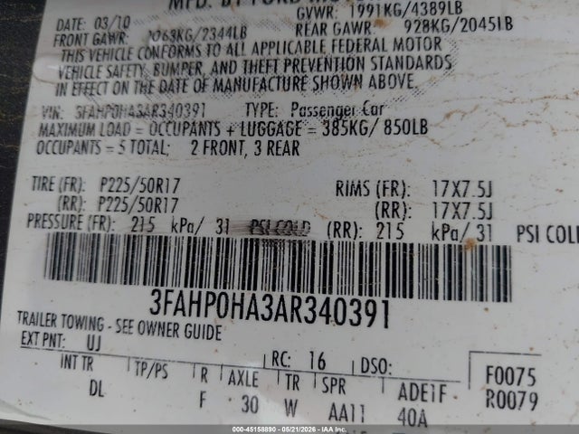 Aukcja sprzedaży 2010 Ford Fusion Se, vin: 3FAHP0HA3AR340391, numer aukcji: 45158890