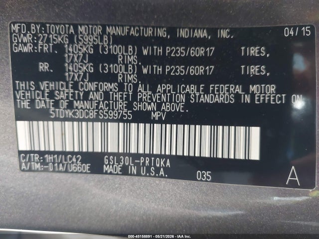 Aukcja sprzedaży 2015 Toyota Sienna Xle Premium 8 Passenger, vin: 5TDYK3DC8FS599755, numer aukcji: 45158891
