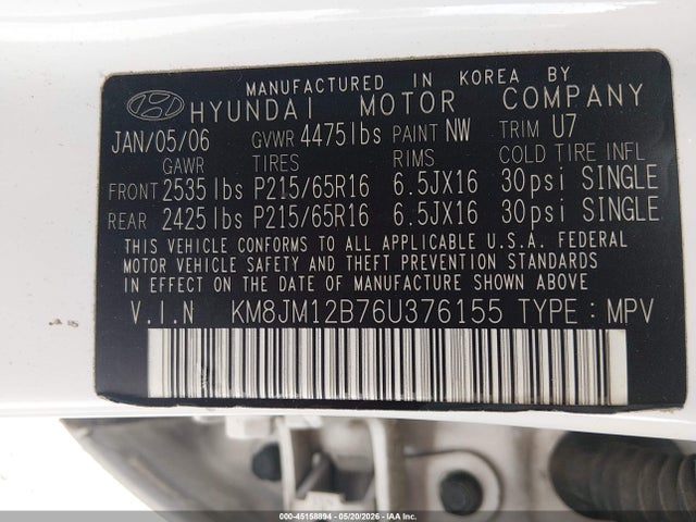 Продаж на аукціоні авто 2006 Hyundai Tucson Gl, vin: KM8JM12B76U376155, номер лоту: 45158894