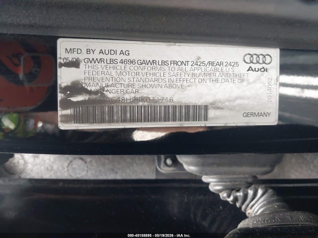 Продажа на аукционе авто 2006 Audi A4 1.8t, vin: WAUAC48H96K011716, номер лота: 45158895