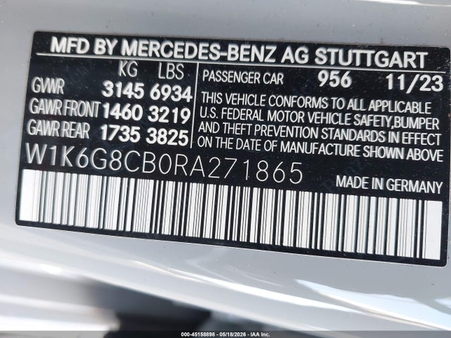 45158898 :رقم المزاد ، W1K6G8CB0RA271865 vin ، 2024 Mercedes-benz Amg S 63 E 4matic مزاد بيع