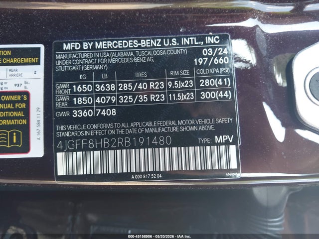 Aukcja sprzedaży 2024 Mercedes-benz Maybach Gls 600 4matic, vin: 4JGFF8HB2RB191480, numer aukcji: 45158906