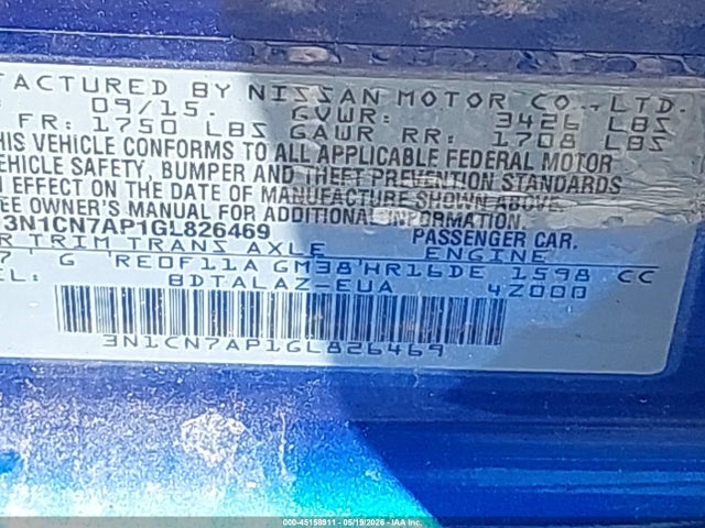45158911 :رقم المزاد ، 3N1CN7AP1GL826469 vin ، 2016 Nissan Versa 1.6 S+ مزاد بيع