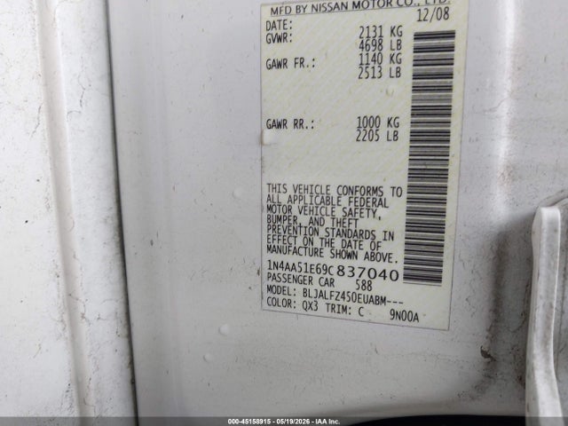 Продаж на аукціоні авто 2009 Nissan Maxima 3.5 Sv, vin: 1N4AA51E69C837040, номер лоту: 45158915