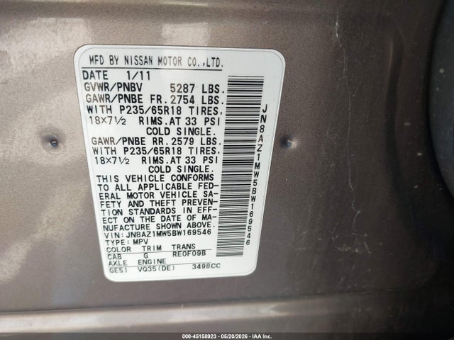 Aukcja sprzedaży 2011 Nissan Murano Sl, vin: JN8AZ1MW5BW169546, numer aukcji: 45158923