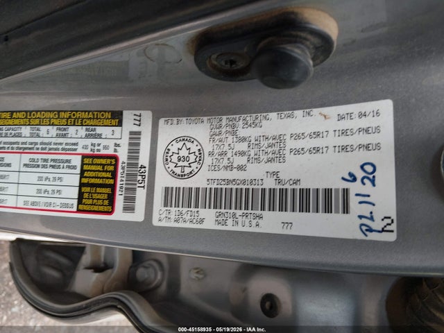 5TFDZ5BN5GX010313 Toyota Tacoma Sr5