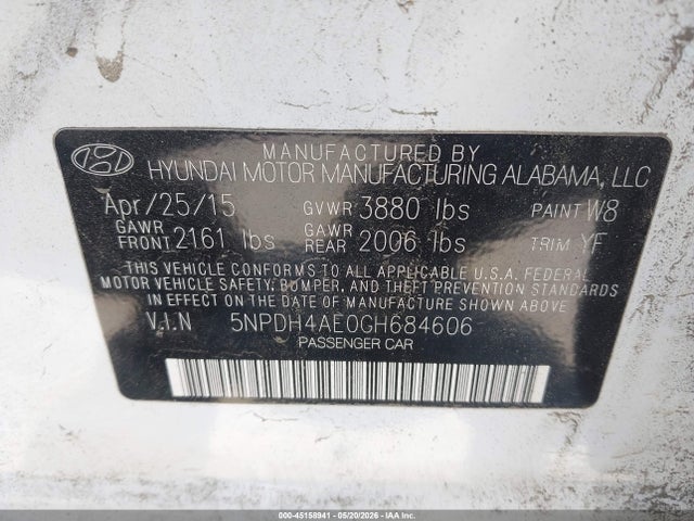 2016 Hyundai Elantra Se მანქანა იყიდება აუქციონზე, vin: 5NPDH4AE0GH684606, აუქციონის ნომერი: 45158941