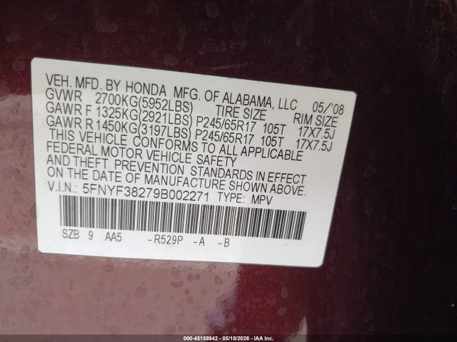 Aukcja sprzedaży 2009 Honda Pilot Lx, vin: 5FNYF38279B002271, numer aukcji: 45158942