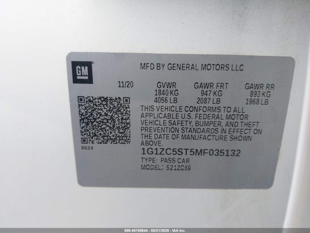 2021 Chevrolet Malibu Fwd 1fl მანქანა იყიდება აუქციონზე, vin: 1G1ZC5ST5MF035132, აუქციონის ნომერი: 45158944