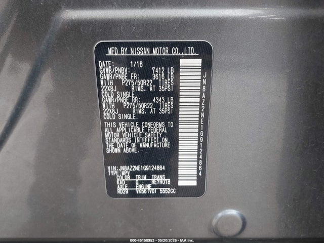 45158953 :رقم المزاد ، JN8AZ2NE1G9124864 vin ، 2016 Infiniti Qx80 مزاد بيع