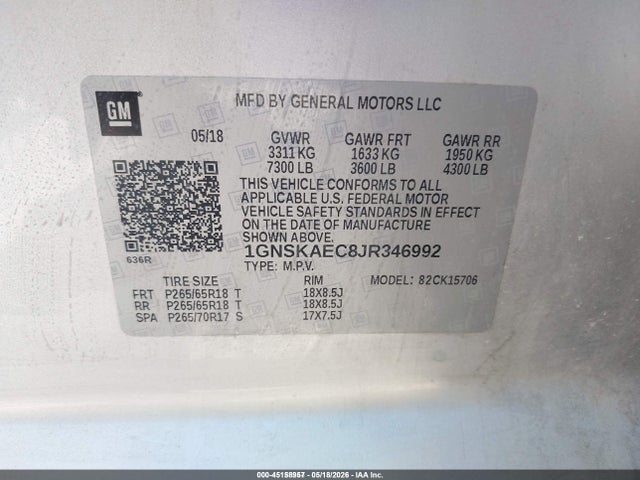45158957 :رقم المزاد ، 1GNSKAEC8JR346992 vin ، 2018 Chevrolet Tahoe Ls مزاد بيع