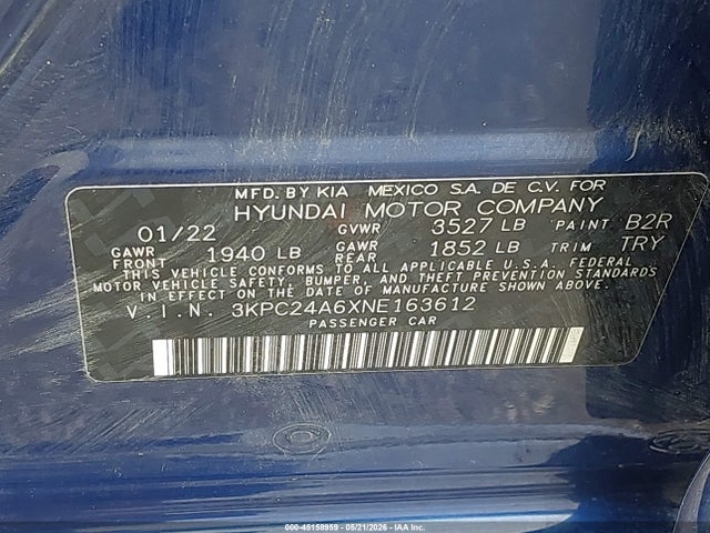 2022 Hyundai Accent Se მანქანა იყიდება აუქციონზე, vin: 3KPC24A6XNE163612, აუქციონის ნომერი: 45158959