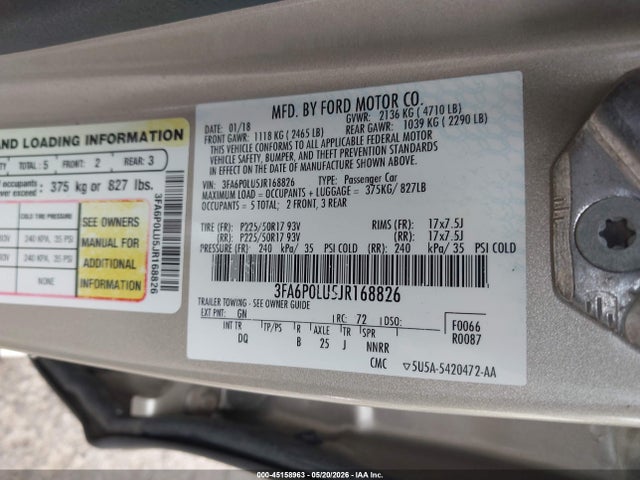 Aukcja sprzedaży 2018 Ford Fusion Hybrid Se, vin: 3FA6P0LU5JR168826, numer aukcji: 45158963