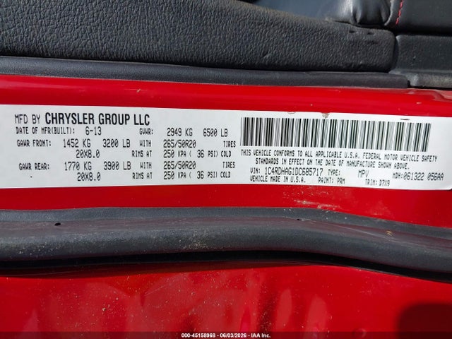 45158968 :رقم المزاد ، 1C4RDHAG1DC685717 vin ، 2013 Dodge Durango Sxt مزاد بيع