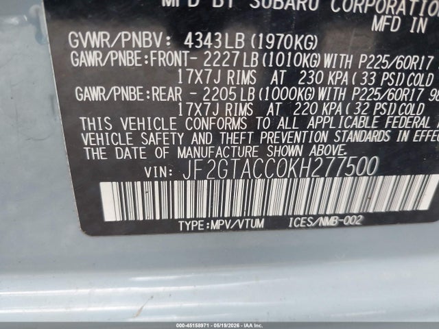 45158971 :رقم المزاد ، JF2GTACC0KH277500 vin ، 2019 Subaru Crosstrek 2.0i Premium مزاد بيع