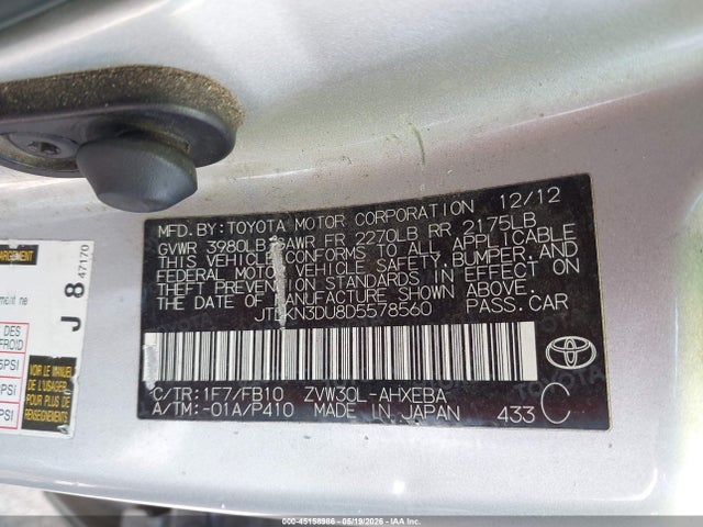 2013 Toyota Prius Two მანქანა იყიდება აუქციონზე, vin: JTDKN3DU8D5578560, აუქციონის ნომერი: 45158986