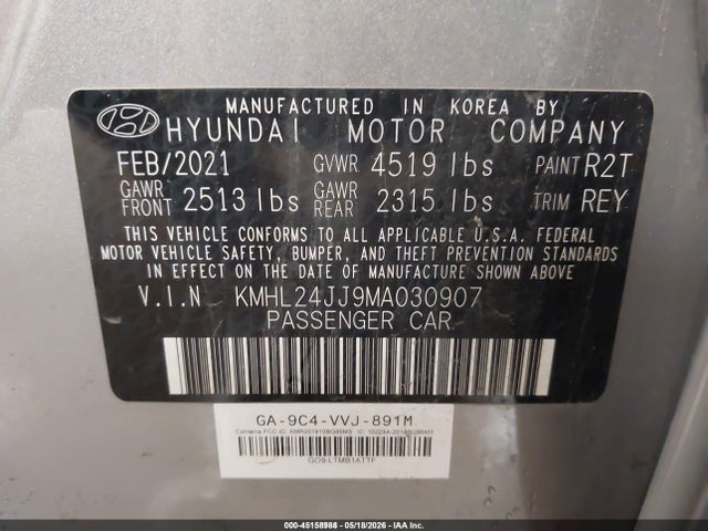 Auction sale of the 2021 Hyundai Sonata Blue, vin: KMHL24JJ9MA030907, lot number: 45158988