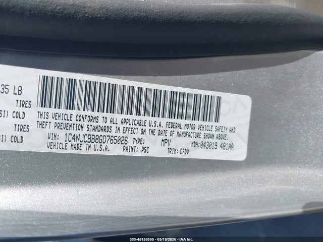 45158995 :رقم المزاد ، 1C4NJCBB8GD765026 vin ، 2016 Jeep Compass Sport مزاد بيع