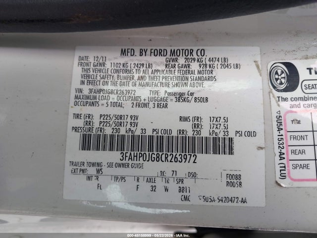 45158999 :رقم المزاد ، 3FAHP0JG8CR263972 vin ، 2012 Ford Fusion Sel مزاد بيع