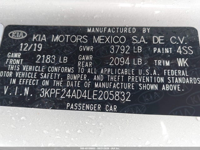 Aukcja sprzedaży 2020 Kia Forte Lxs, vin: 3KPF24AD4LE205832, numer aukcji: 45159003
