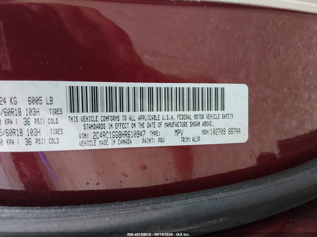 2017 Chrysler Pacifica Limited მანქანა იყიდება აუქციონზე, vin: 2C4RC1GG8HR610947, აუქციონის ნომერი: 45159010
