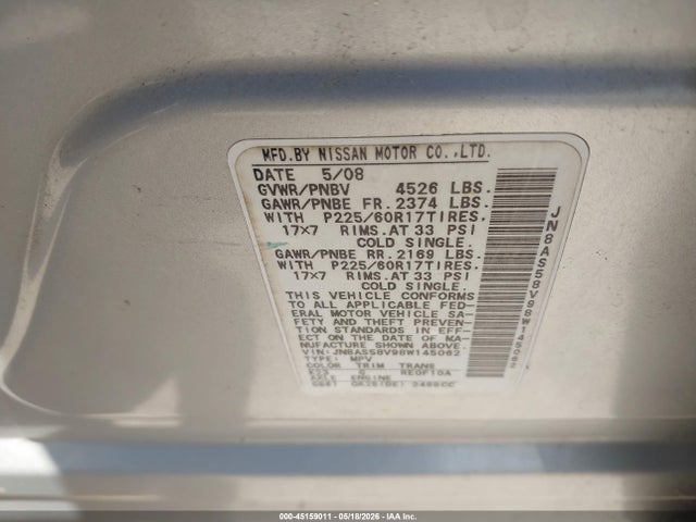 Aukcja sprzedaży 2008 Nissan Rogue Sl, vin: JN8AS58V98W145062, numer aukcji: 45159011
