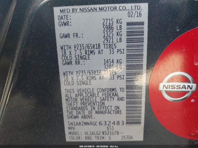 Aukcja sprzedaży 2016 Nissan Pathfinder Sl, vin: 5N1AR2MN4GC632483, numer aukcji: 45159019