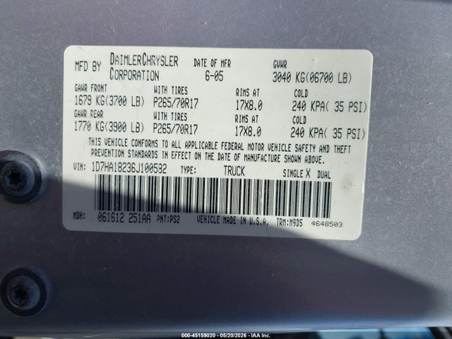 Aukcja sprzedaży 2006 Dodge Ram 1500 Slt, vin: 1D7HA18236J100582, numer aukcji: 45159020