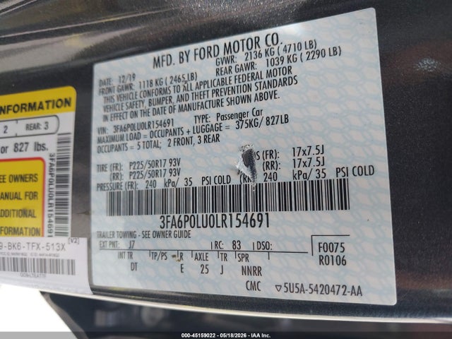 Продаж на аукціоні авто 2020 Ford Fusion Hybrid Se, vin: 3FA6P0LU0LR154691, номер лоту: 45159022