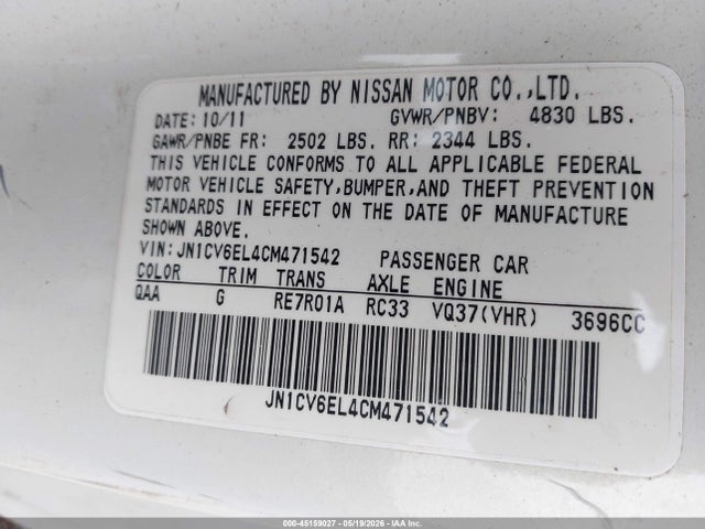 Aukcja sprzedaży 2012 Infiniti G37x, vin: JN1CV6EL4CM471542, numer aukcji: 45159027
