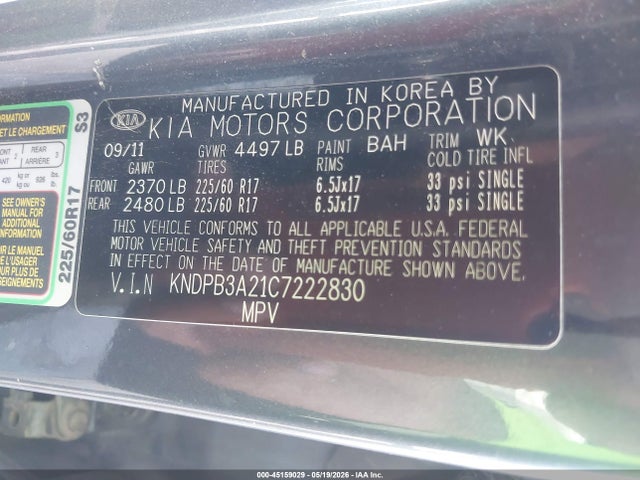 45159029 :رقم المزاد ، KNDPB3A21C7222830 vin ، 2012 Kia Sportage Lx مزاد بيع
