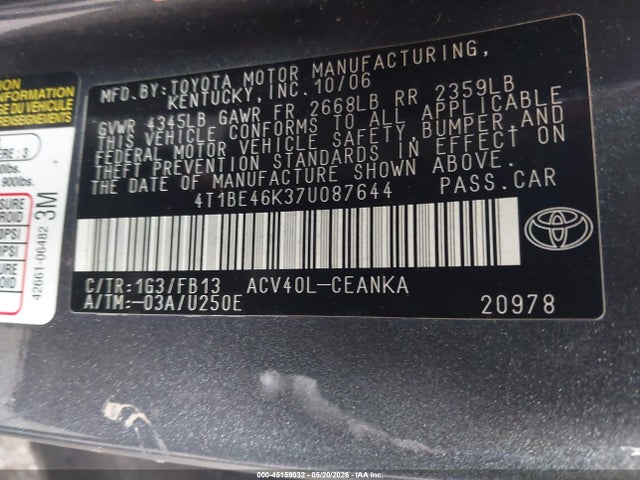 Продажа на аукционе авто 2007 Toyota Camry Le, vin: 4T1BE46K37U087644, номер лота: 45159032