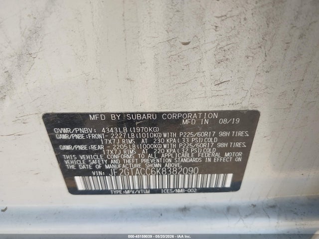 45159039 :رقم المزاد ، JF2GTACC6K8382090 vin ، 2019 Subaru Crosstrek 2.0i Premium مزاد بيع
