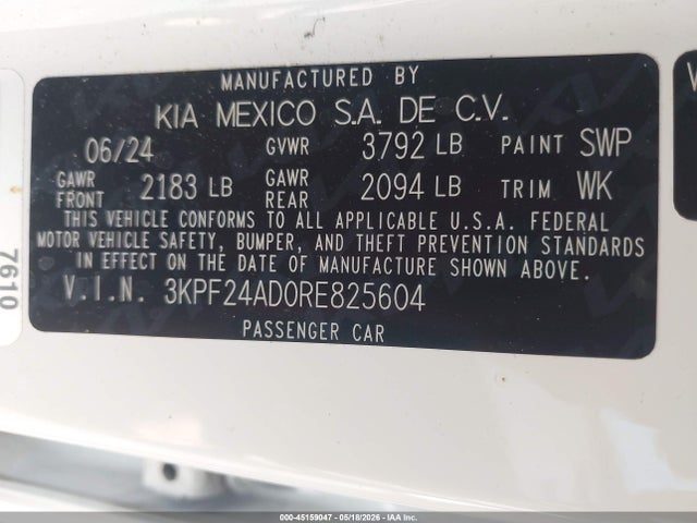 Aukcja sprzedaży 2024 Kia Forte Lxs, vin: 3KPF24AD0RE825604, numer aukcji: 45159047