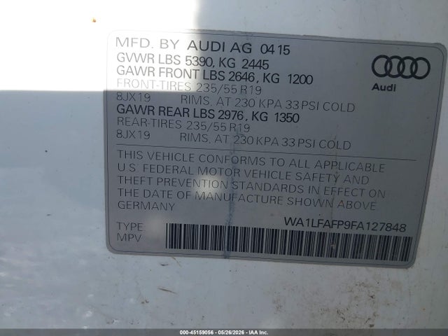 Aukcja sprzedaży 2015 Audi Q5 2.0t Premium, vin: WA1LFAFP9FA127848, numer aukcji: 45159056