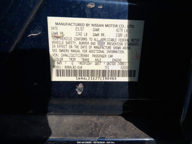 45159080 :رقم المزاد ، 1N4AL21E27C190464 vin ، 2007 Nissan Altima 2.5 S مزاد بيع