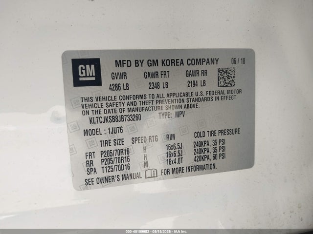 Aukcja sprzedaży 2018 Chevrolet Trax Ls, vin: KL7CJKSB8JB733260, numer aukcji: 45159082