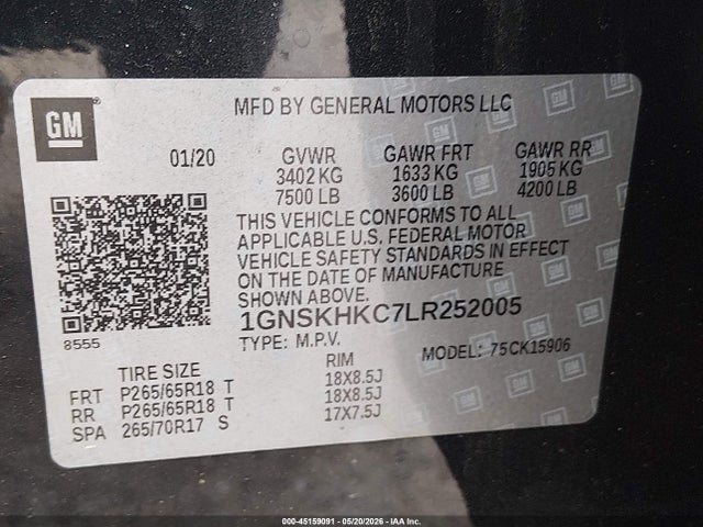 2020 Chevrolet Suburban 4wd Lt მანქანა იყიდება აუქციონზე, vin: 1GNSKHKC7LR252005, აუქციონის ნომერი: 45159091