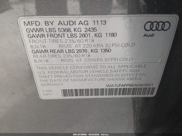 2014 Audi Q5 2.0t Premium მანქანა იყიდება აუქციონზე, vin: WA1LFAFP8EA060691, აუქციონის ნომერი: 45159095