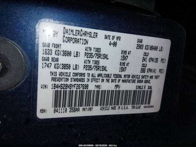 Aukcja sprzedaży 2000 Dodge Durango, vin: 1B4HS28N9YF267698, numer aukcji: 45159096
