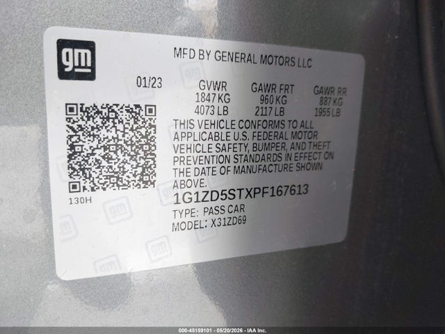 45159101 :رقم المزاد ، 1G1ZD5STXPF167613 vin ، 2023 Chevrolet Malibu Fwd 1lt مزاد بيع