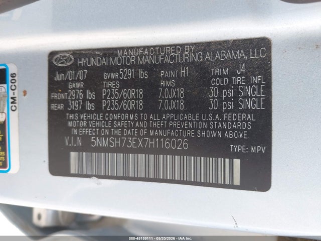 2007 Hyundai Santa Fe Limited/se მანქანა იყიდება აუქციონზე, vin: 5NMSH73EX7H116026, აუქციონის ნომერი: 45159111