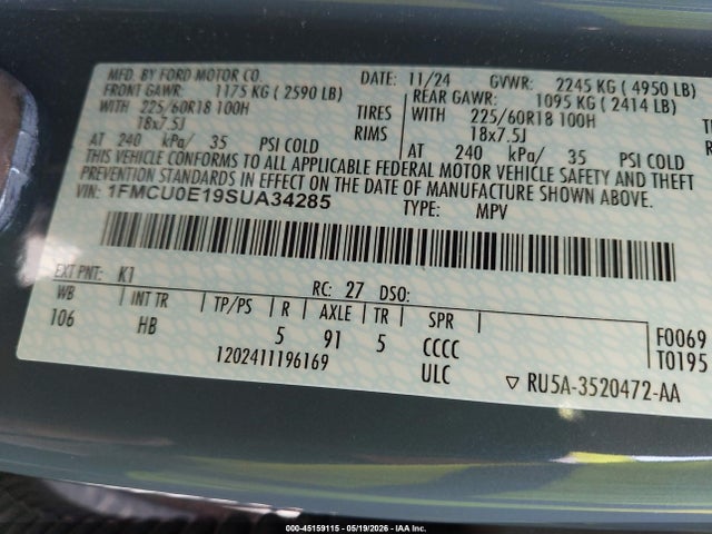 Aukcja sprzedaży 2025 Ford Escape Phev, vin: 1FMCU0E19SUA34285, numer aukcji: 45159115