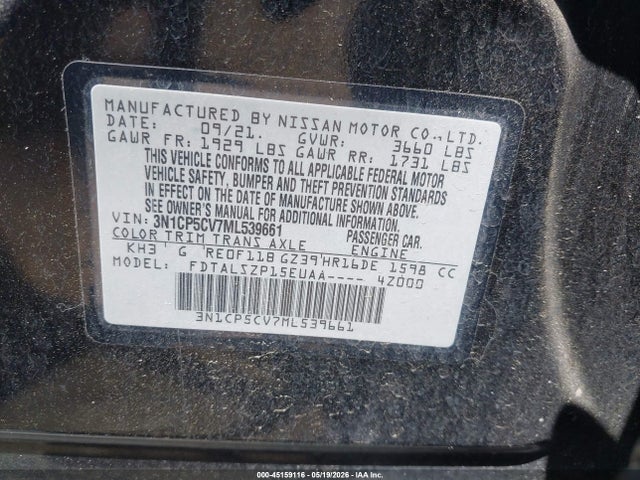 Продаж на аукціоні авто 2021 Nissan Kicks Sv Xtronic Cvt, vin: 3N1CP5CV7ML539661, номер лоту: 45159116