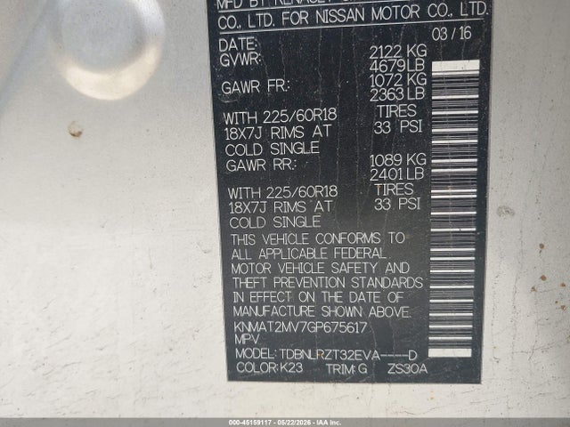 Aukcja sprzedaży 2016 Nissan Rogue Sl, vin: KNMAT2MV7GP675617, numer aukcji: 45159117