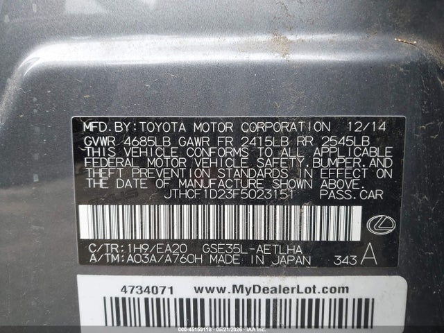 45159118 :رقم المزاد ، JTHCF1D23F5023151 vin ، 2015 Lexus Is 250 مزاد بيع